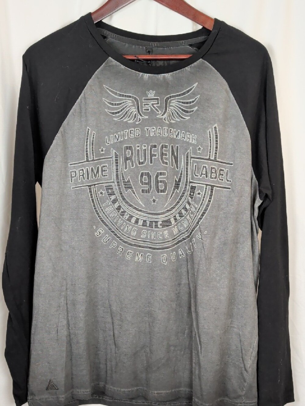 NWT RUFEN Grey Acid Wash Black Raglan Graphic Long Sleeve Top XL 🇨🇦